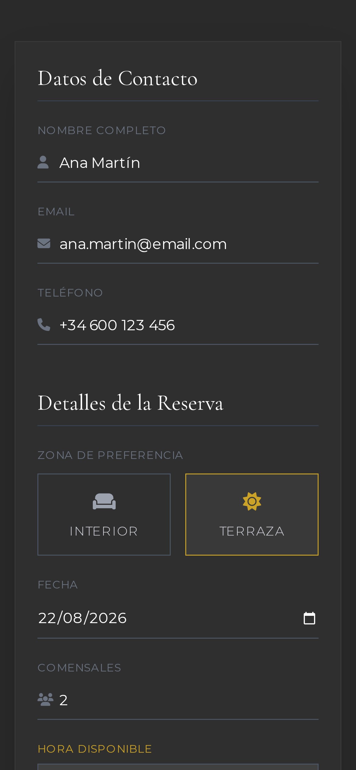 El sistema de reservas de La Rambla en el móvil: datos de contacto, zona, fecha y comensales