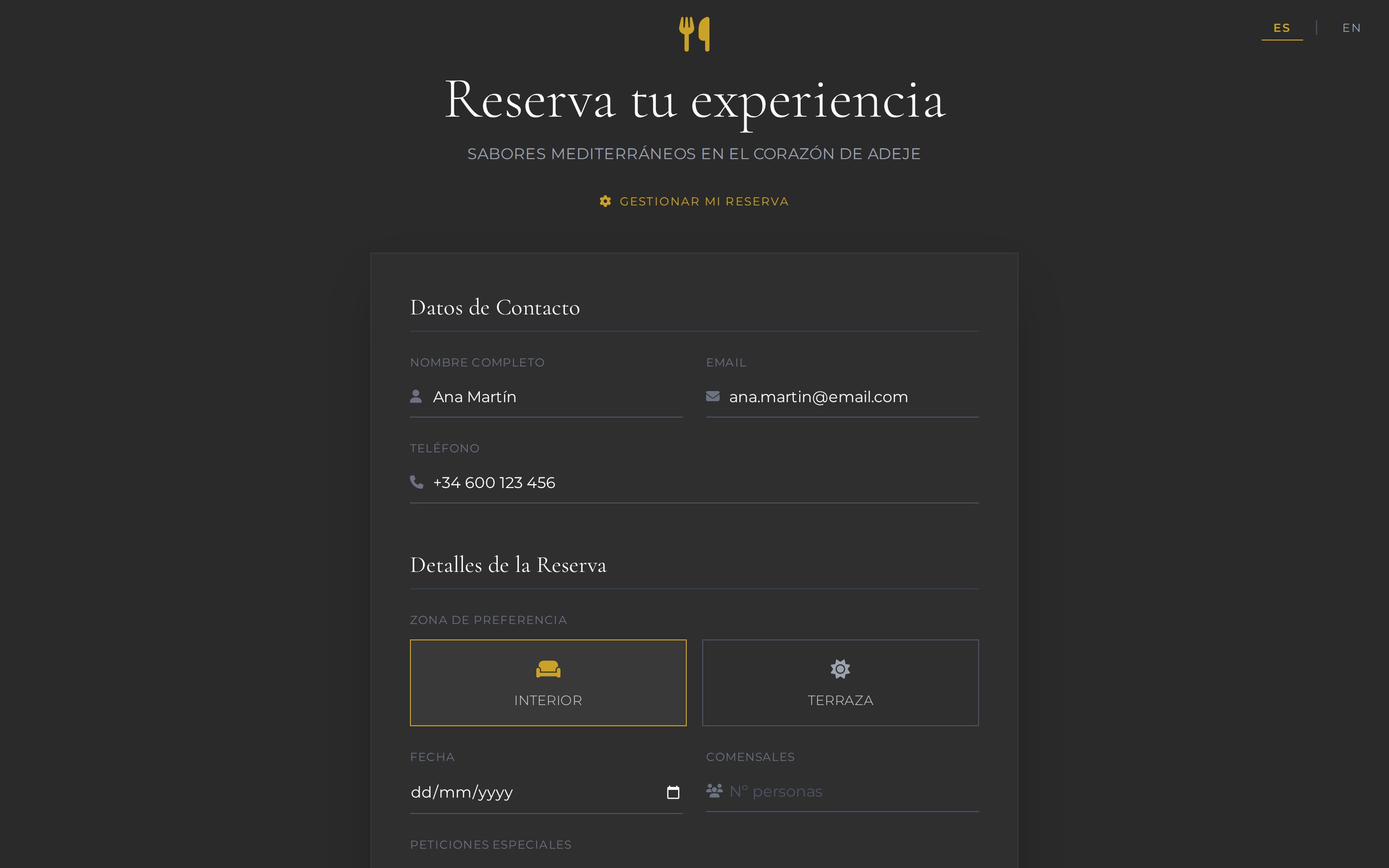 Sistema de reservas de La Rambla: datos de contacto del cliente