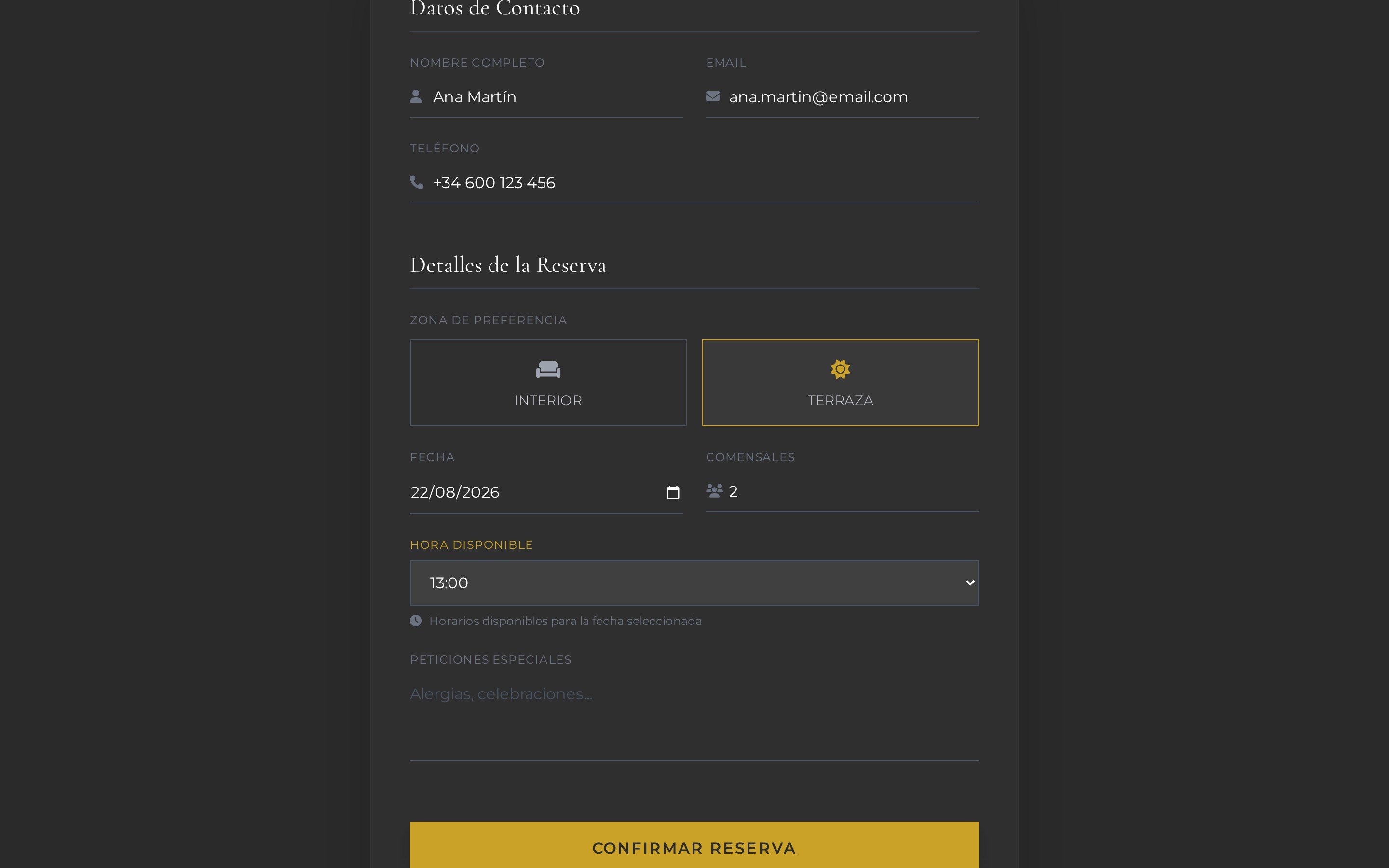 Detalles de la reserva: zona (interior/terraza), fecha, comensales y confirmar